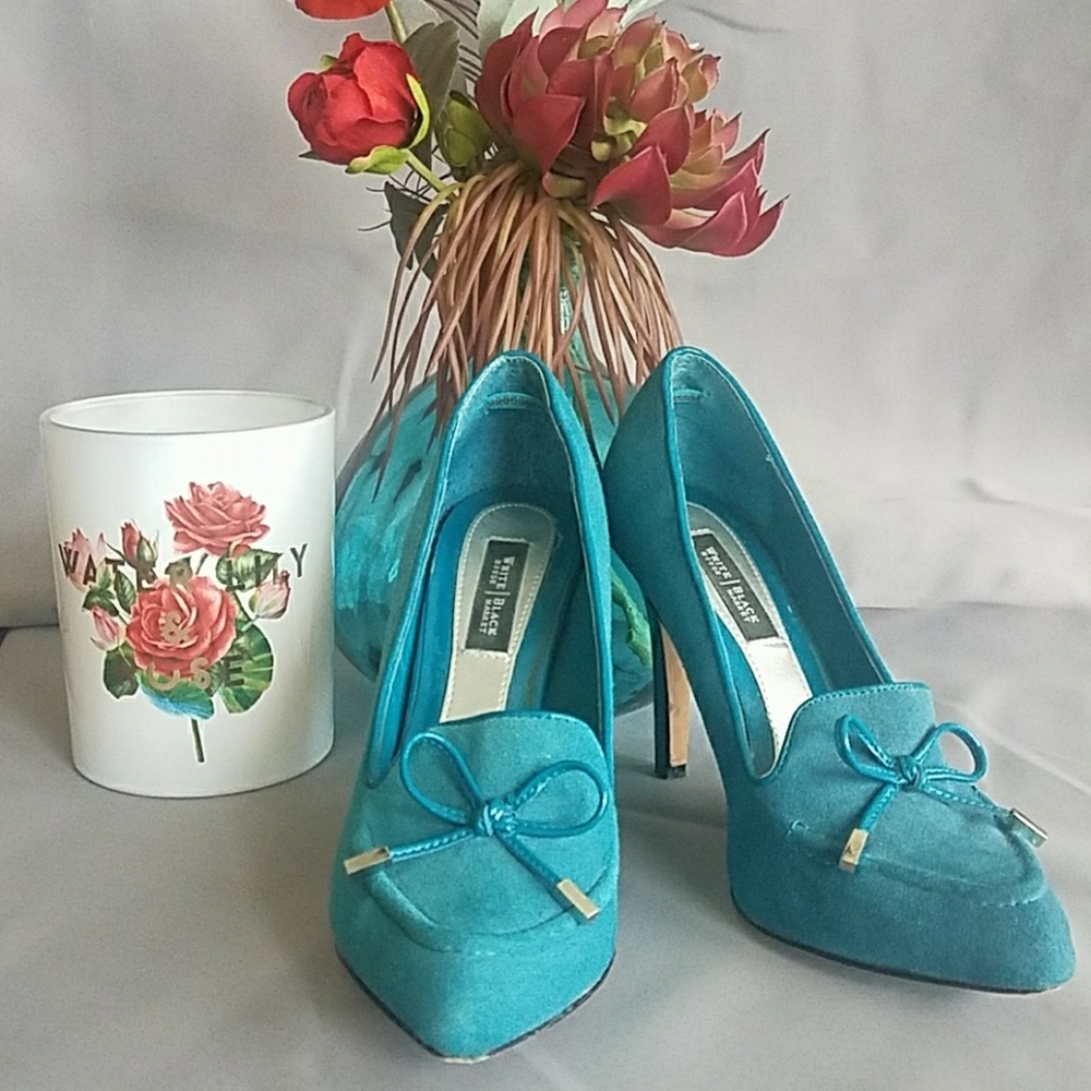 White and Black turquoise heels